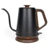 A black electric kettle with a gooseneck spout and a brown handle and base, shown on a white background. Anteprima dell’immagine prodotto