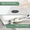 Two modes of operation for a dishwasher are shown: filling the water tank manually and connecting to a water tap. Produktbild-Vorschau