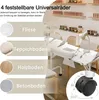 A collage showing a portable manicure table with a built-in dust collector, and graphics illustrating its wheels' suitability for different floor types. Voir les images du produit