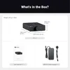 A product information graphic showing the contents of a box for an audio amplifier, including dimensions and included accessories. Podgląd zdjęcia produktu