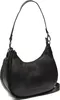 A black leather handbag is shown against a white background.