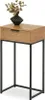 A narrow console table with a wooden top and a single drawer, supported by black metal legs. A black vase with dried foliage sits on top. Produktbild-Vorschau