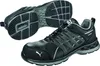A pair of black Puma safety shoes, with one shoe shown from the side and the other from underneath. Voir les images du produit