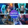 A collage of four images showing different uses of a gaming chair, including a person gaming, a baby in the chair, a person working, and people playing a video game. Produktbild-Vorschau