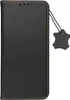 A black leather phone case with a leather tag attached by a string. Produktbild-Vorschau