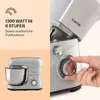 A split image showing a kitchen mixer on the left and a close-up of a hand adjusting the speed dial on the right, with text describing its features. Produktbild-Vorschau
