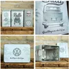 A collage of four images showing Volkswagen Bulli themed storage tins and a poster. Produktbild-Vorschau