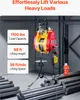A heavy-duty electric hoist is shown suspended above a pile of metal rods, with feature callouts on the left. Produktbild-Vorschau