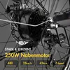 Close-up of the rear hub motor and drivetrain of an electric bicycle, with marketing text overlay. Produktbild-Vorschau