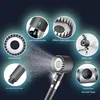 A diagram illustrating the features of a shower head, with close-up views of different components and spray patterns. Produktbild-Vorschau