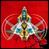 A top-down view of a gold and white LEGO jet with blue accents, set against a cracked red background with motion blur effects on the wings. Náhľad obrázku produktu