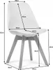 A white chair with wooden legs is shown with dimensions indicated by lines and text. Produktbild-Vorschau