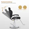 An image showing a black barber chair with various adjustments and features highlighted with text and icons. Produktbild-Vorschau