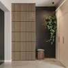 A modern hallway with acoustic wood panels, a hanging plant, and built-in cabinets. Produktbild-Vorschau