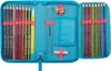 An open pencil case filled with colored pencils, a ruler, and other stationery items. Produktbild-Vorschau