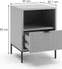 A grey nightstand with one drawer open, showing dimensions. Voir les images du produit