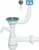 A white sink siphon with a flexible hose and overflow connection, shown against a white background. Produktbild-Vorschau