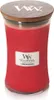A red WoodWick candle with a wooden lid. Podgląd zdjęcia produktu