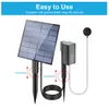 A solar-powered air pump for a pond, with a solar panel, pump unit, and air stone shown. Text indicates ease of use and detachable parts. Náhled obrázku produktu