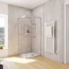 A modern bathroom with a glass shower enclosure, a white towel rack, and wooden flooring. Produktbild-Vorschau