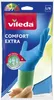 Packaging for Vileda Comfort Extra gloves, showing a hand wearing a blue glove with a green cuff. Náhľad obrázku produktu