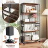 A tall, multi-shelf bookcase with a rustic brown wood finish and black metal frame, decorated with books and decorative items. A close-up inset shows the adjustable feet of the bookcase. Podgląd zdjęcia produktu