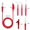 A collection of red electrical testing accessories, including a banana plug cable, alligator clips, and test probes, laid out on a white background with measurement indicators. Produktbild-Vorschau