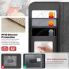 Collage of images showing a phone case with card slots, RFID protection, and a transparent window. Produktbild-Vorschau