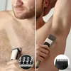 A split image showing a man grooming his body hair with a trimmer. The left side shows him trimming his chest hair, with a close-up inset of the trimmer head. The right side shows him trimming his underarm hair, with a close-up inset of a different trimmer Podgląd zdjęcia produktu