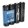 Four AA rechargeable batteries are arranged diagonally on a white background. The front battery has a blue label with white text and German flag colors. Produktbild-Vorschau