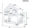 A diagram showing the dimensions of a white bunk bed with a slide and a house-like structure on top. Náhled obrázku produktu