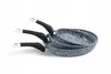 A set of three frying pans stacked on top of each other, with their handles pointing to the left. Produktbild-Vorschau