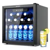 A mini beverage cooler filled with bottles and cans, with a glass of lemonade on the side. Produktbild-Vorschau