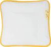 A flat baby pillow with a yellow border and a small yellow tag with text and graphics. Produktbild-Vorschau