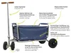A blue foldable wagon with various features highlighted by text labels. Produktbild-Vorschau
