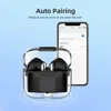 A pair of black wireless earbuds in a transparent charging case, next to a smartphone displaying Bluetooth pairing information. Podgląd zdjęcia produktu