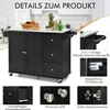 A black kitchen island with a white countertop, featuring various details highlighted with text and inset images. Produktbild-Vorschau