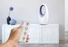 A hand holding a remote control in front of a white cabinet with a fan on top. Produktbild-Vorschau