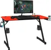 A gaming desk with a computer monitor, keyboard, mouse, and accessories.
