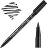 A black Staedtler Lumocolor permanent marker is shown diagonally on a white background, with a scribble of black ink to the left and a close-up of the marker tip to the right. Produktbild-Vorschau