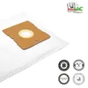A vacuum cleaner bag with a cardboard attachment and several circular badges. Produktbild-Vorschau