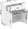 A diagram showing the dimensions of a white cabinet with a drawer and two doors. Náhľad obrázku produktu