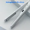 A white cordless hair straightener is shown on a light gray and white surface. Produktbild-Vorschau