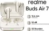 A product image of Realme Buds Air 7 wireless earbuds in their charging case, with feature callouts. Produktbild-Vorschau