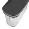A close-up view of a clear plastic food storage container with a black lid and measurement markings. Produktbild-Vorschau