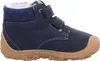 A side view of a single navy blue children's boot with a tan sole and white stitching. Produktbild-Vorschau