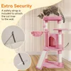A pink cat tree with a cat on top, and close-ups of a wall-mounting safety strap. Podgląd zdjęcia produktu