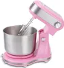 A pink stand mixer with a stainless steel bowl and beaters is shown against a white background. Produktbild-Vorschau