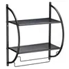 A black metal two-tier wall shelf with a towel bar underneath. Produktbild-Vorschau