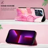 A split image showing a pink marble patterned phone case with a stand feature and a phone inside it. Produktbild-Vorschau